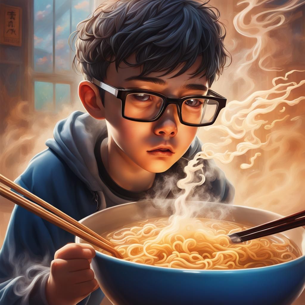 Boy's Fogged Glasses Reflect Steaming Ramen: Hyperrealistic ...