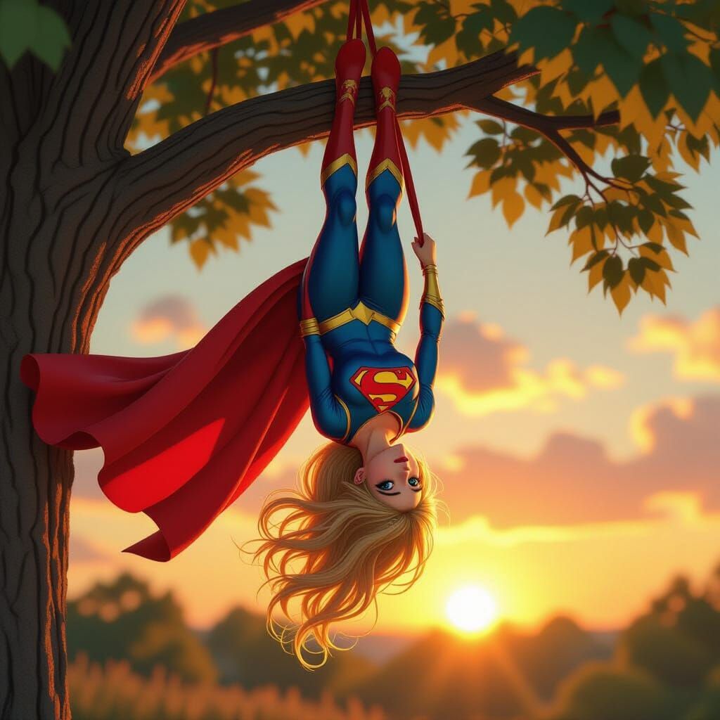 Supergirl Hanging Upside Down from Tree Branch at Sunset