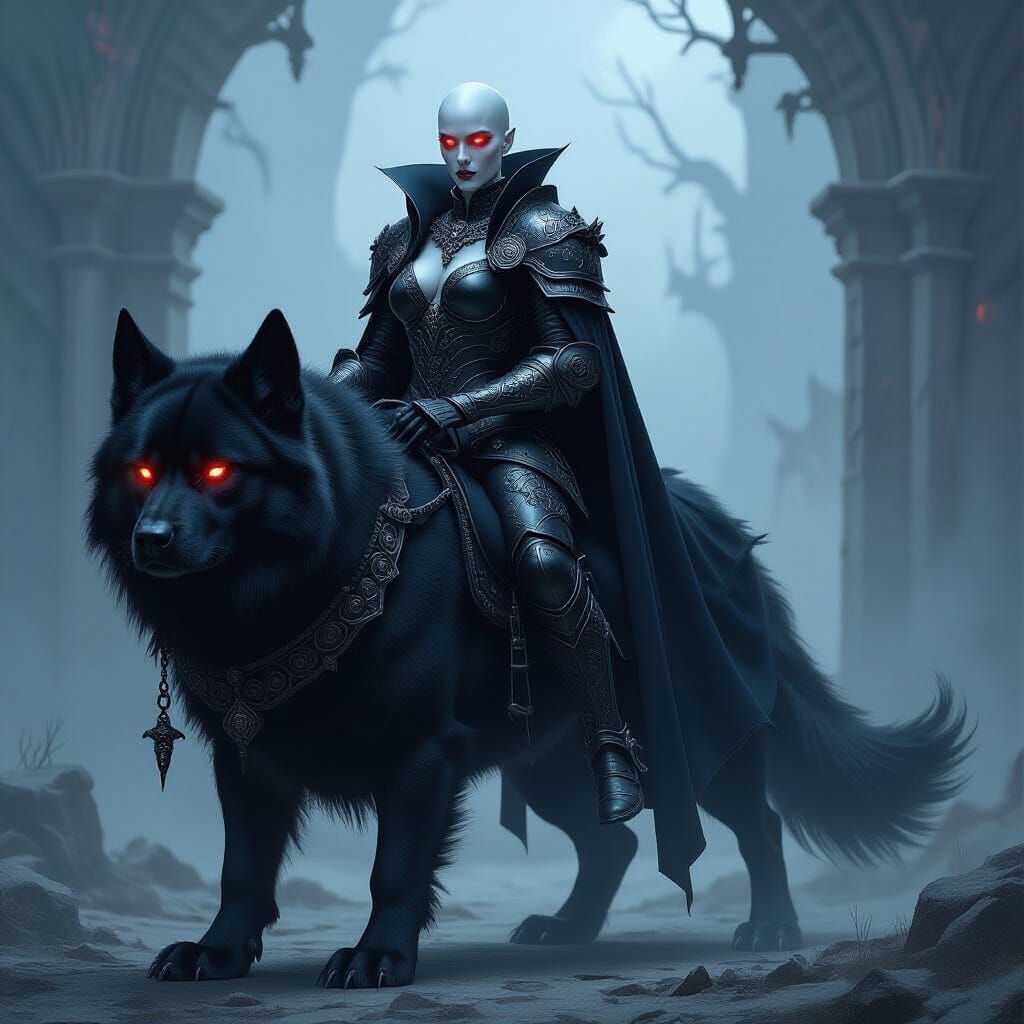 Vampire Queen on Black Dog in Dark Fantasy Art