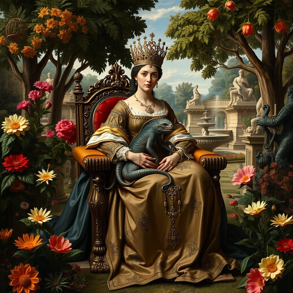 Renaissance Queen with Alien in Garden, Botticelli Style