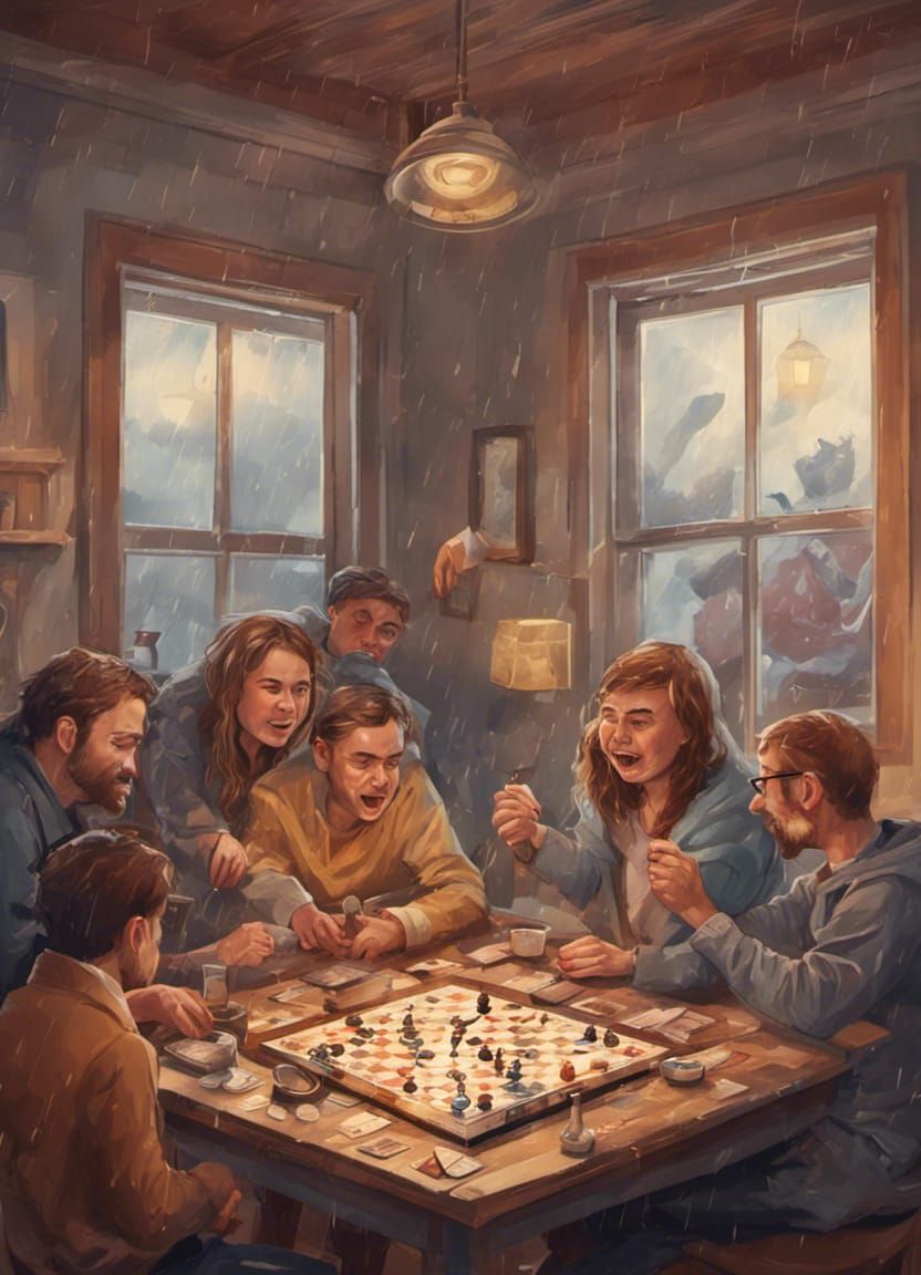 People playing board games indoors on a rainy day