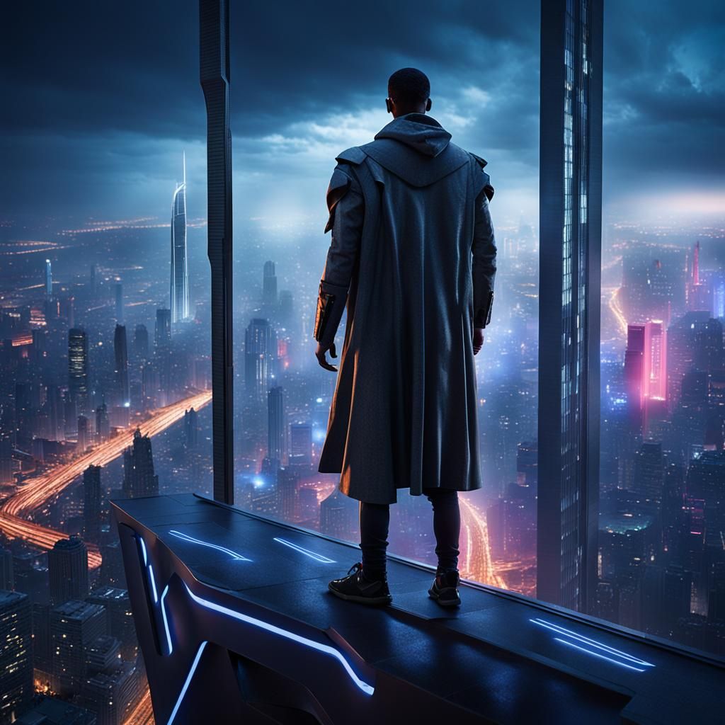 Anime Character in Futuristic Cityscape with Neon Lights