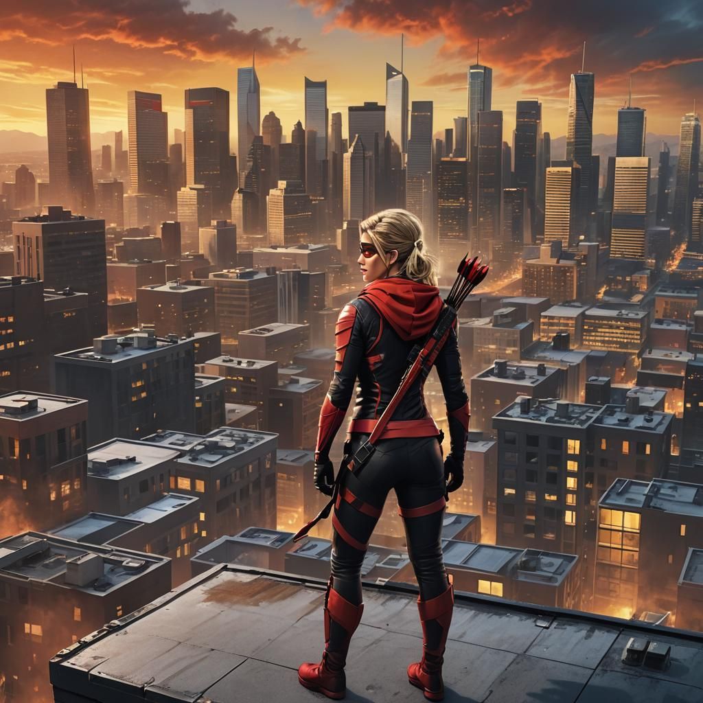 Red Arrow Heroic Rooftop View: Comic Book Art