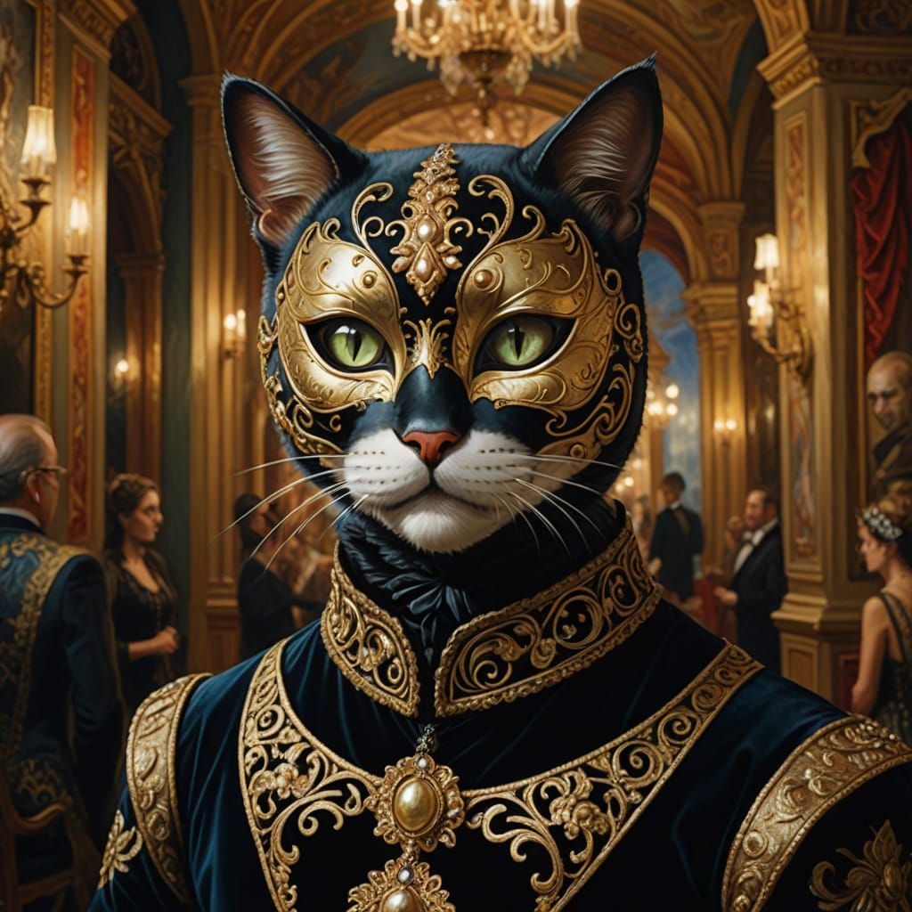 Surreal Masquerade Cat in Gilded Ballroom