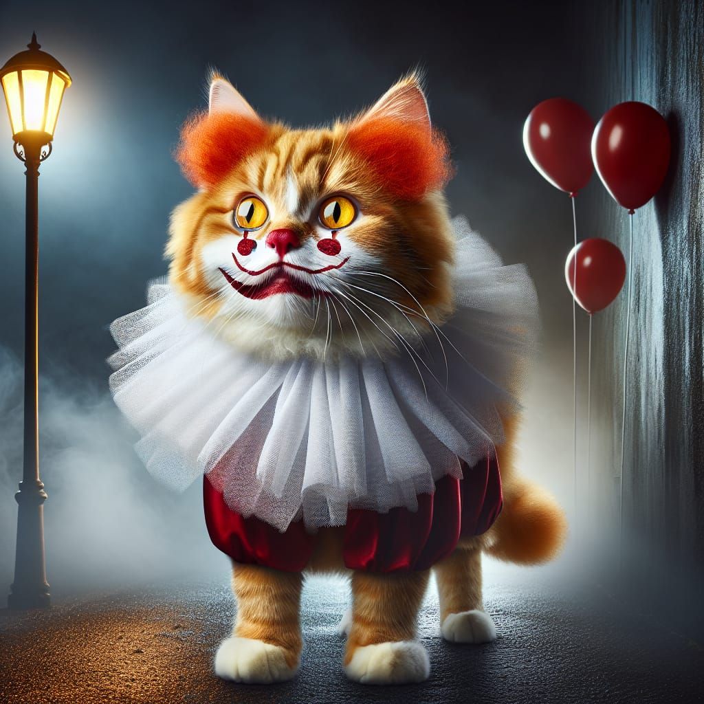 An eerie image of an orange tabby cat styled to resemble Pen...