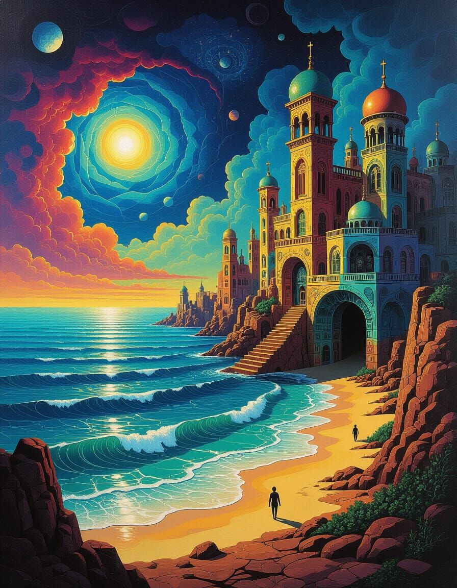 Surreal Cosmic Seascape with Impossible Architecture