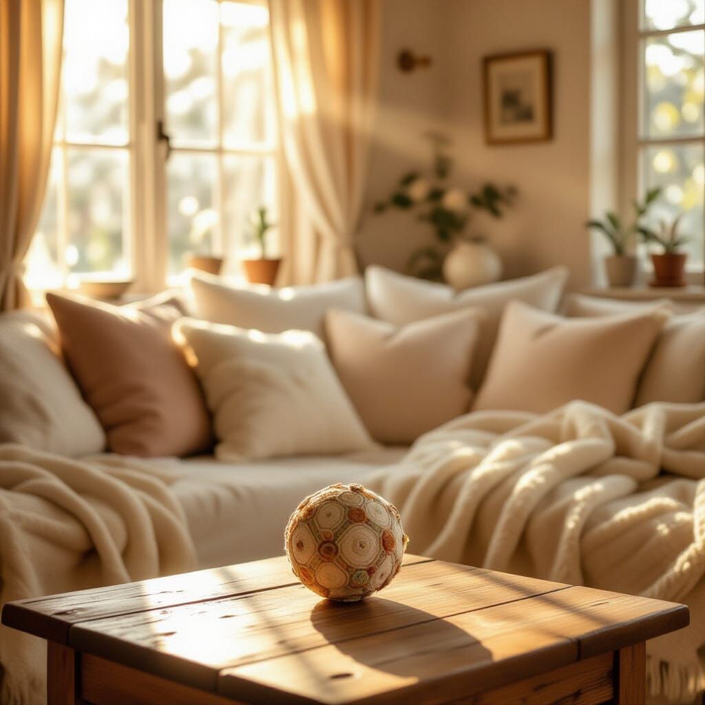 Cozy Sunlit Living Room with Temari Ball in Impressionist St...