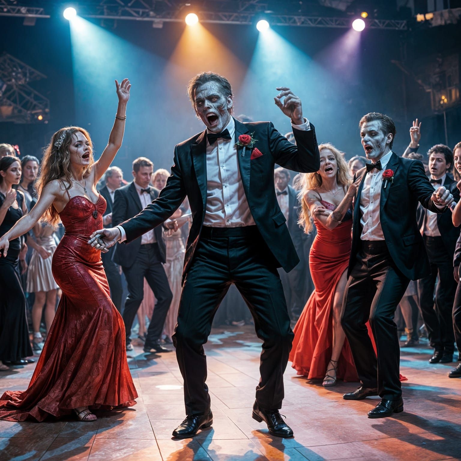 Undead Zombies Dancing at Vibrant Prom