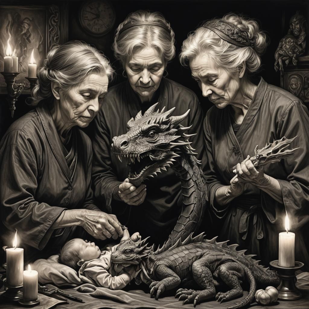 Dramatic Midwives Tend Dragon-Blessed Infant in Charcoal