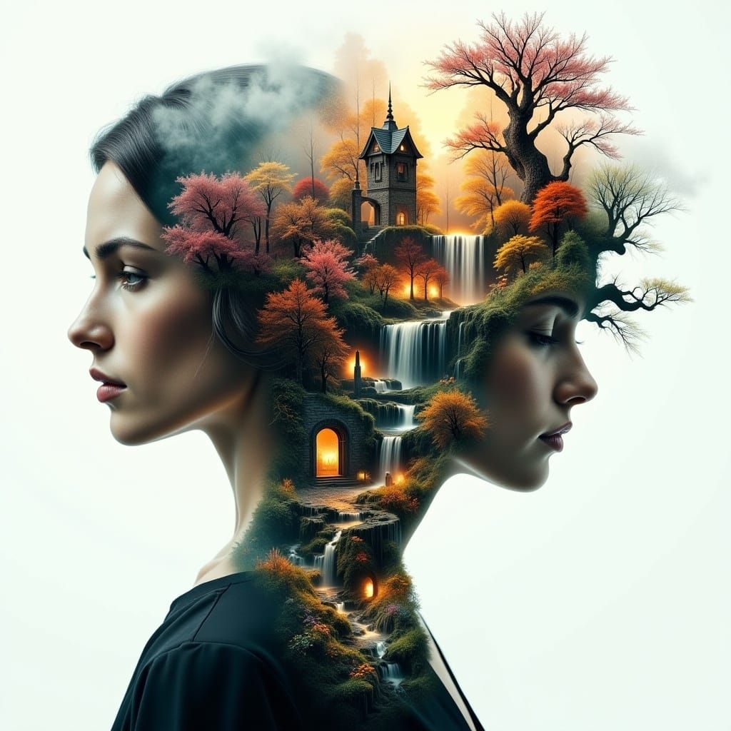Mystical Double Exposure Portrait with Fantasy Kingdoms