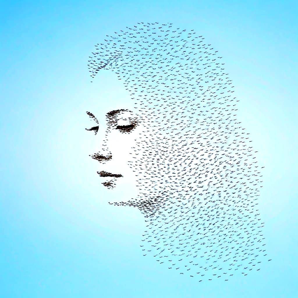 Whispers of Starlings in Shy Woman's Gentle Face