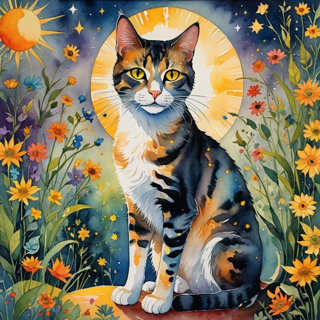 Magical Cat in Vibrant Watercolor Style