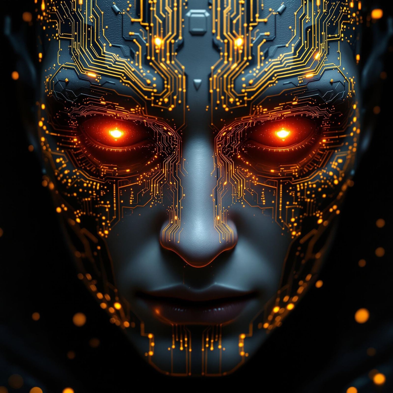 Cybernetic God with Golden Circuit Board Facial Patterns