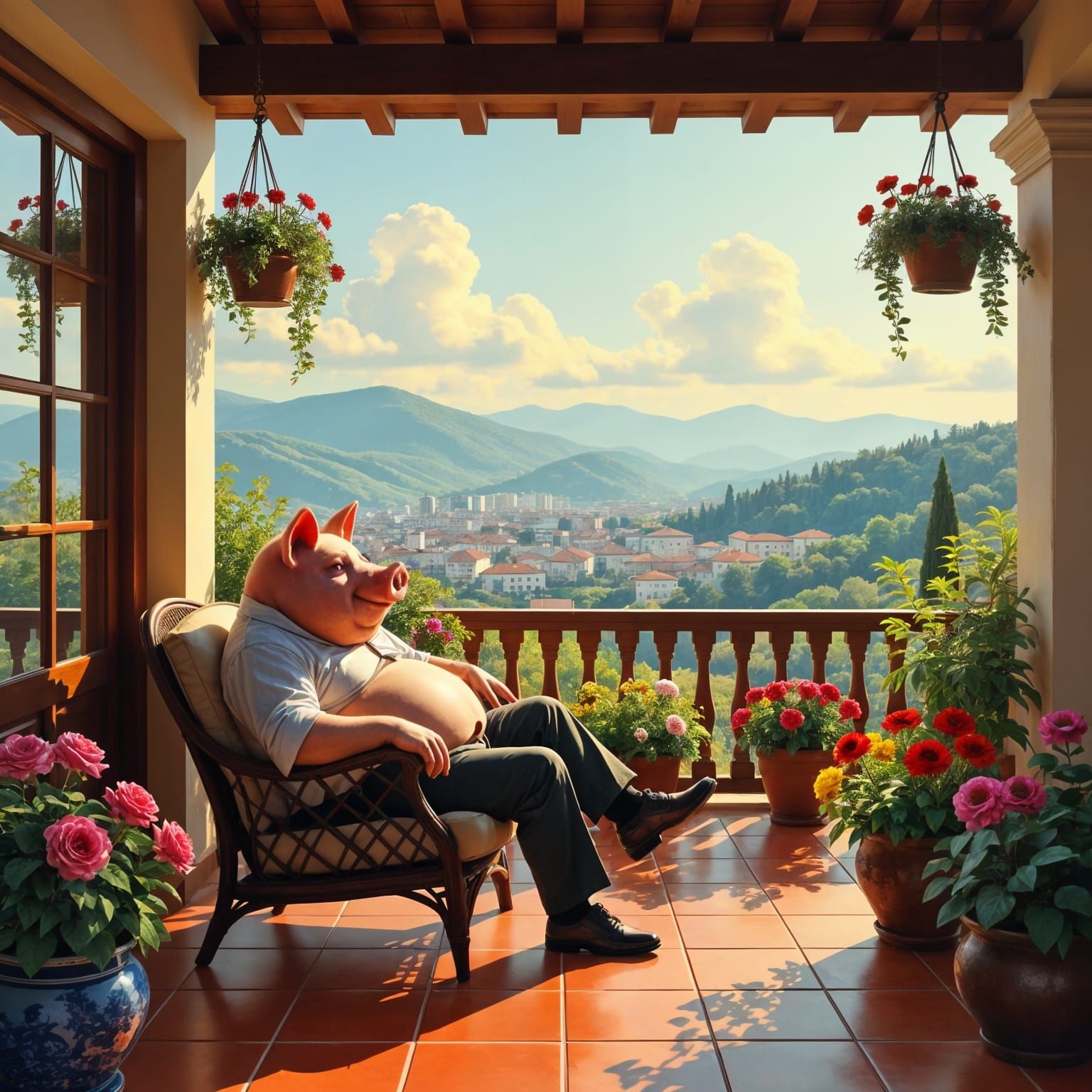 Cosy Loggia with City Views and Man with Pig's Head