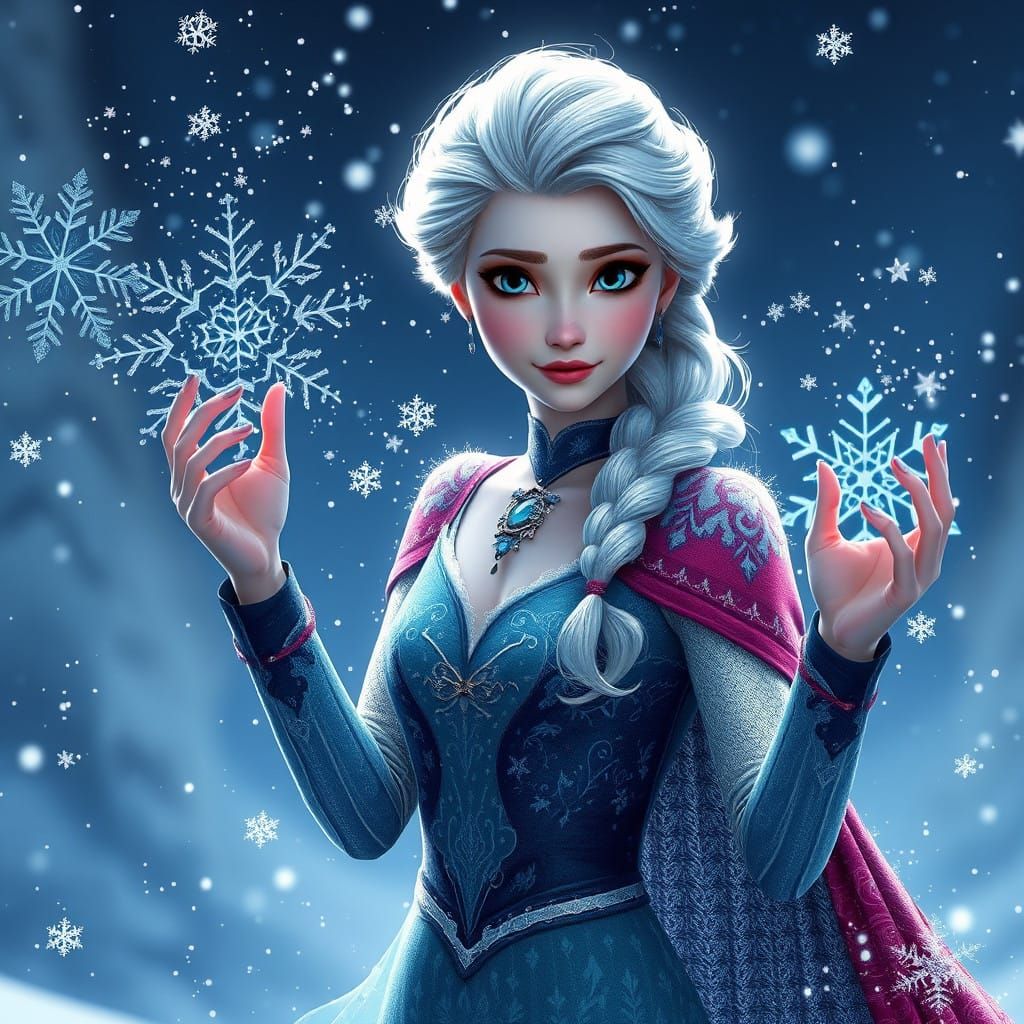 Elsa Creates Enchanting Snowflakes in Vibrant Fantasy Scene