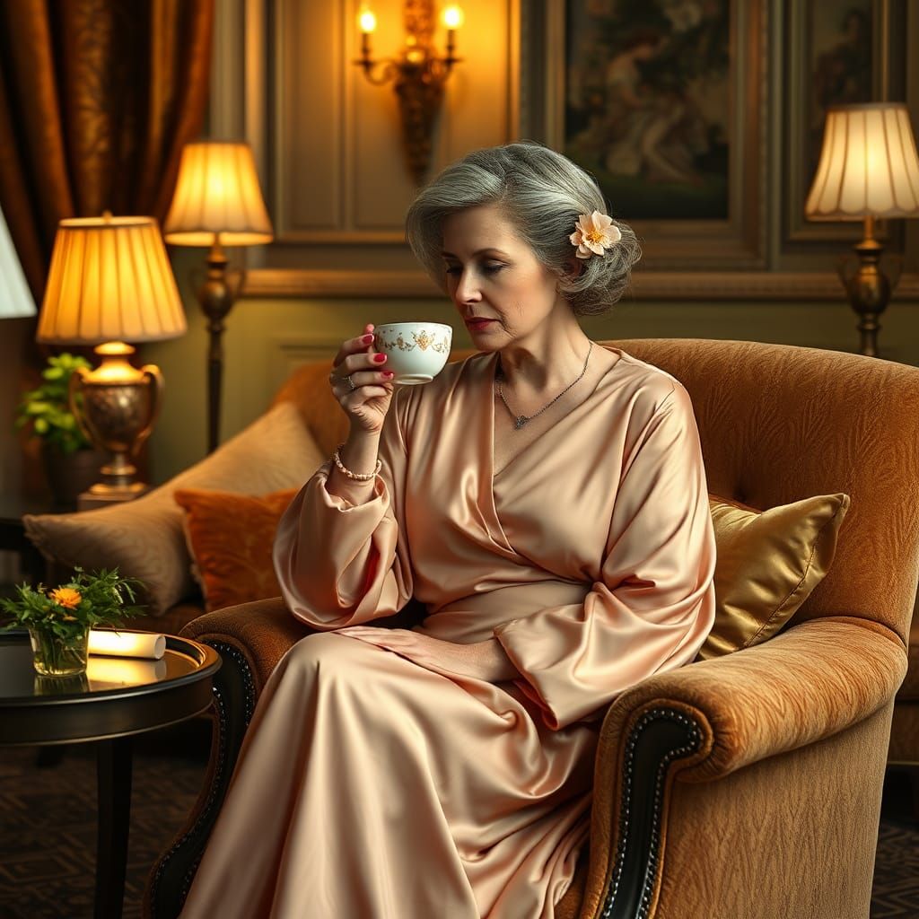 Elegant Elderly Woman Enjoying Tea in Art Deco Interior