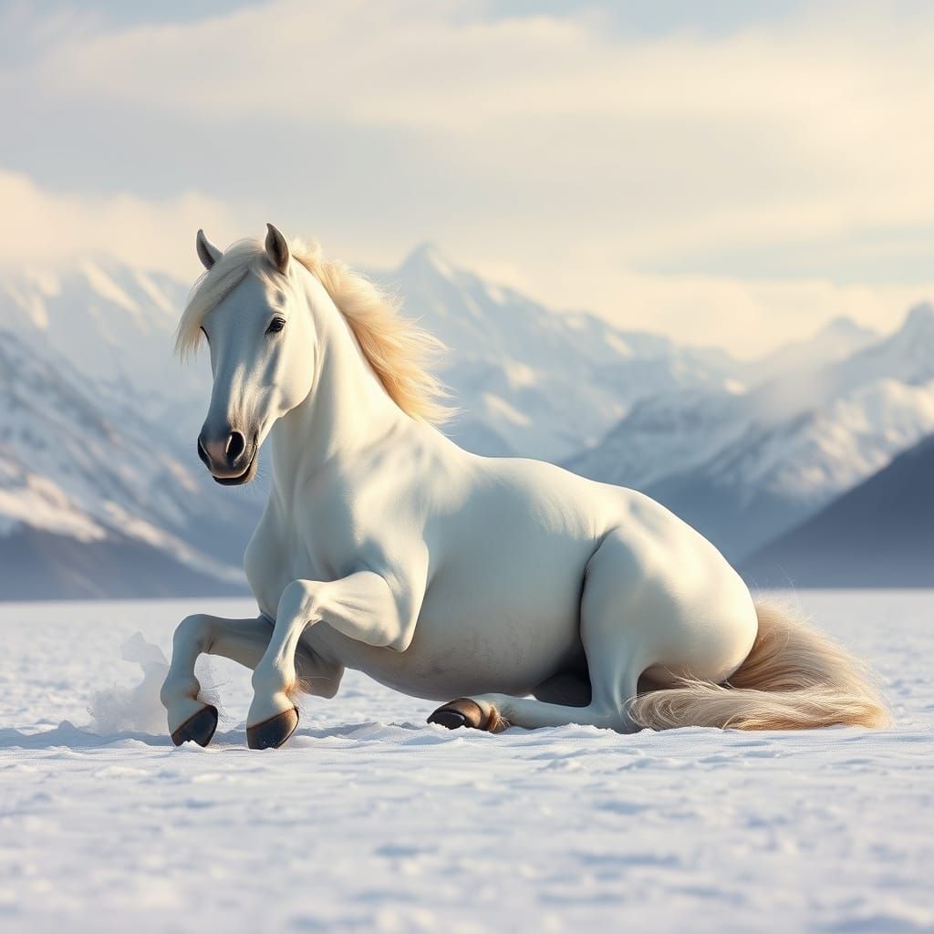 Majestic White Horse Rolls in Serene Winter Wonderland