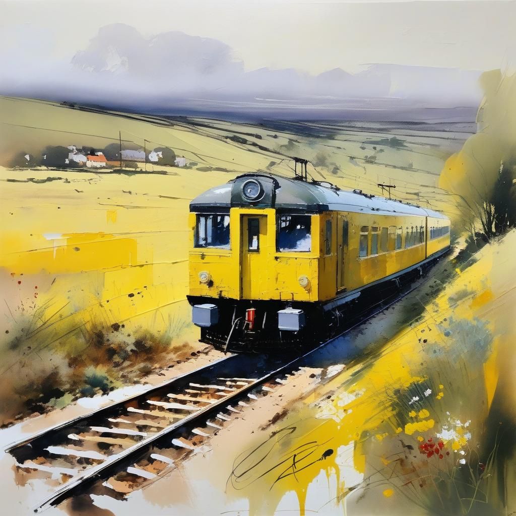 Landscape Painting of Yellow Train in Watercolor Style