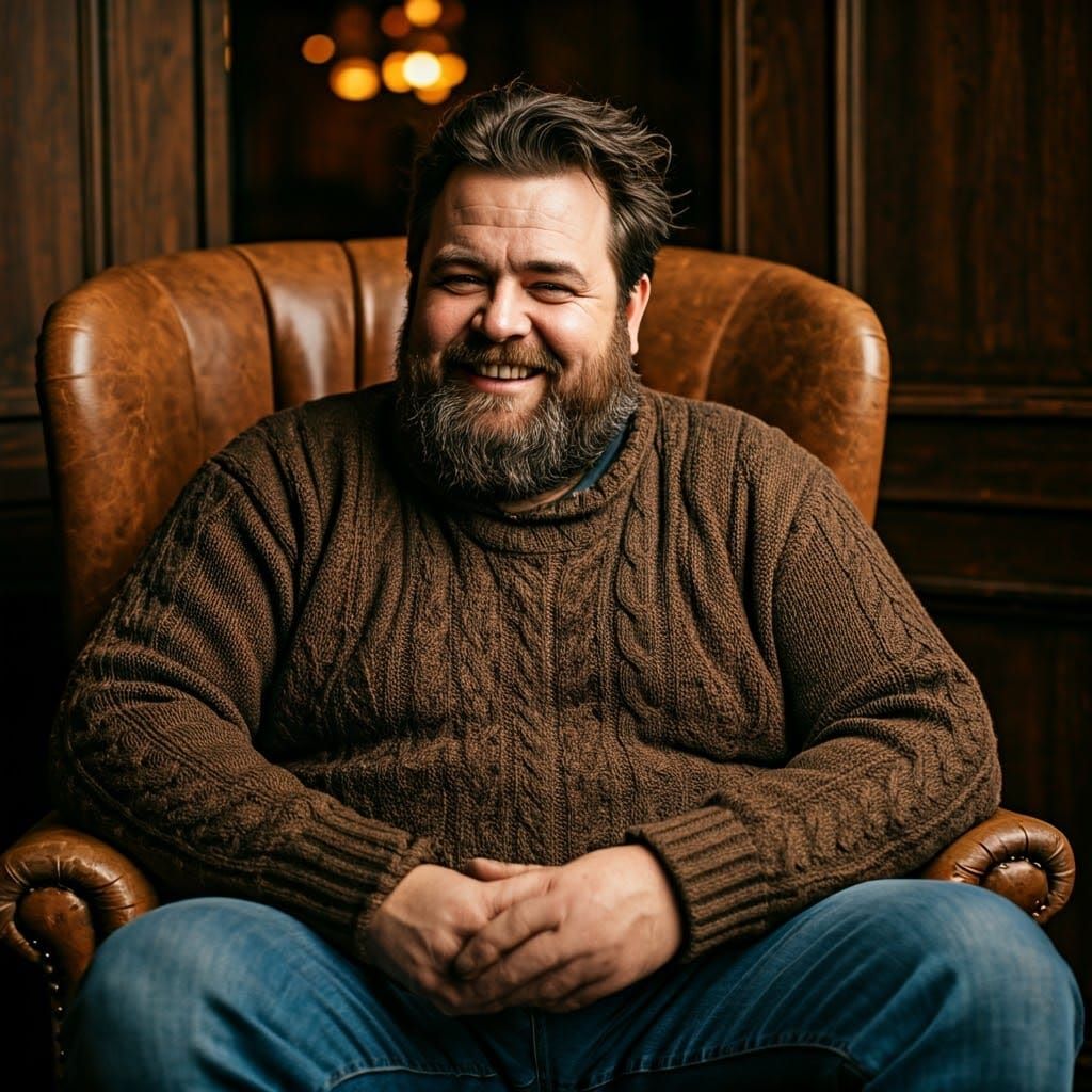 Jovial Man in Armchair: Hyper-Realistic Portrait