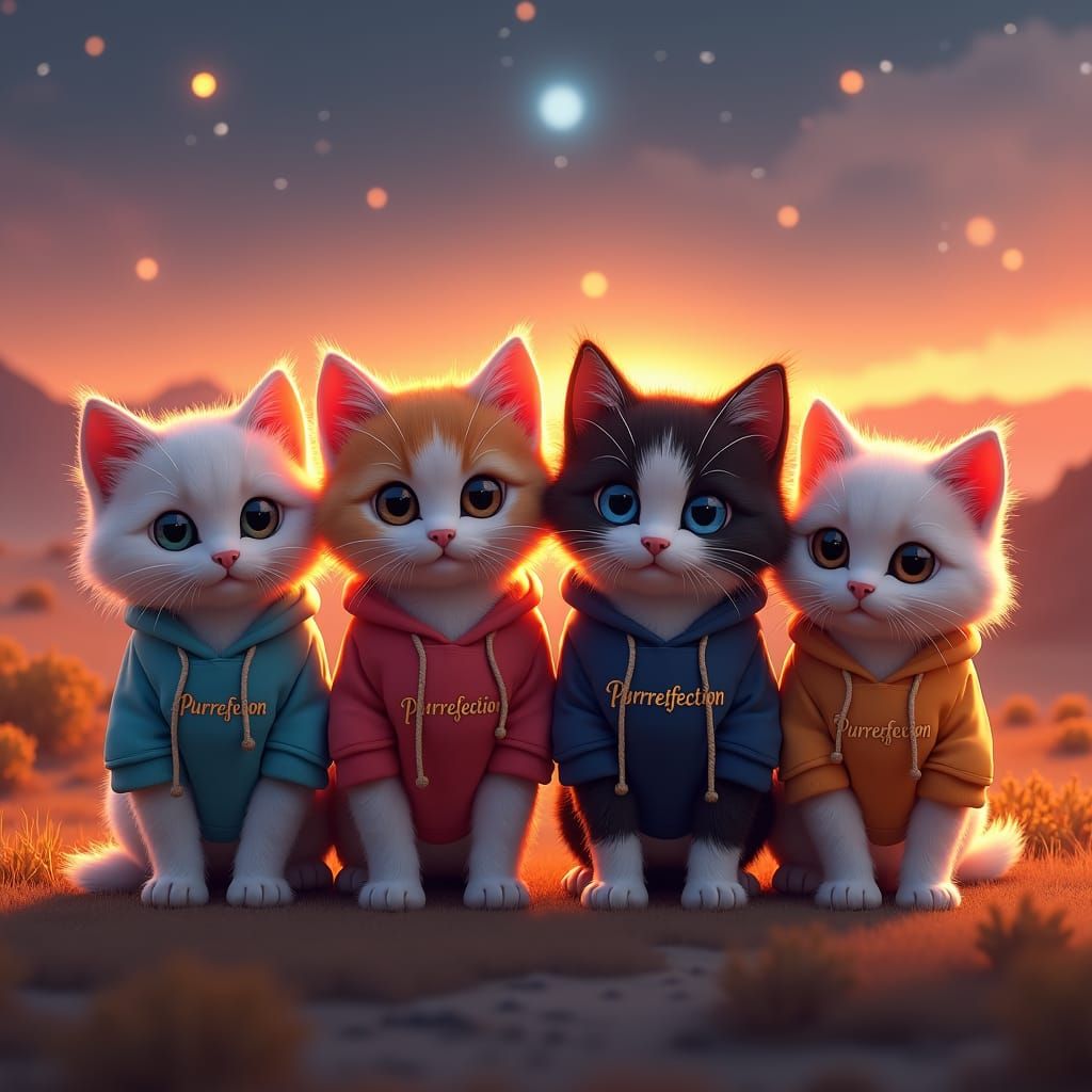 4 fluffy, irresistibly adorable kittens with large eyes, wearing different colour tshirts and hoodies with the writing "...