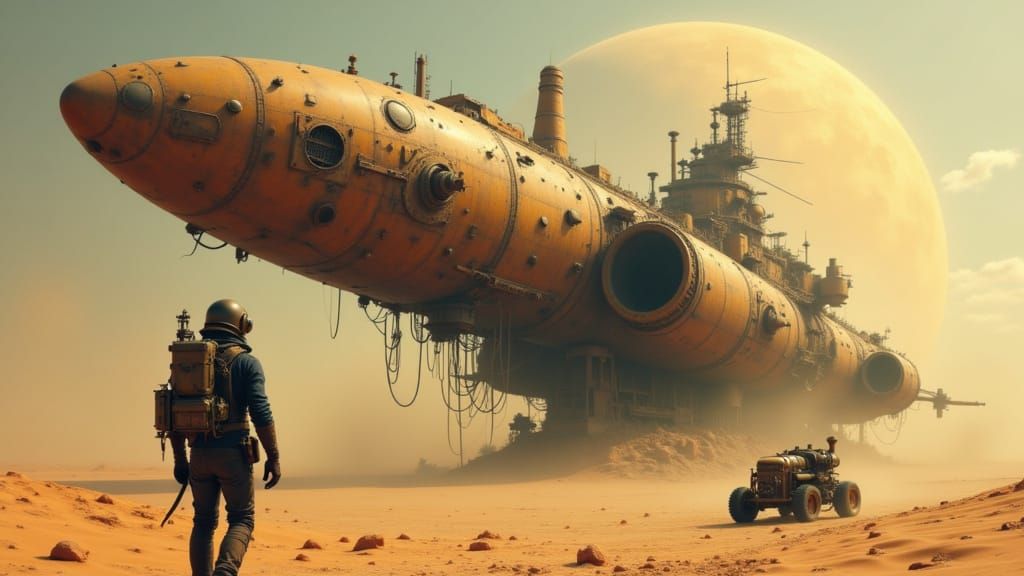 Steampunk Astronaut Salvages Spaceship Wreck in Desert