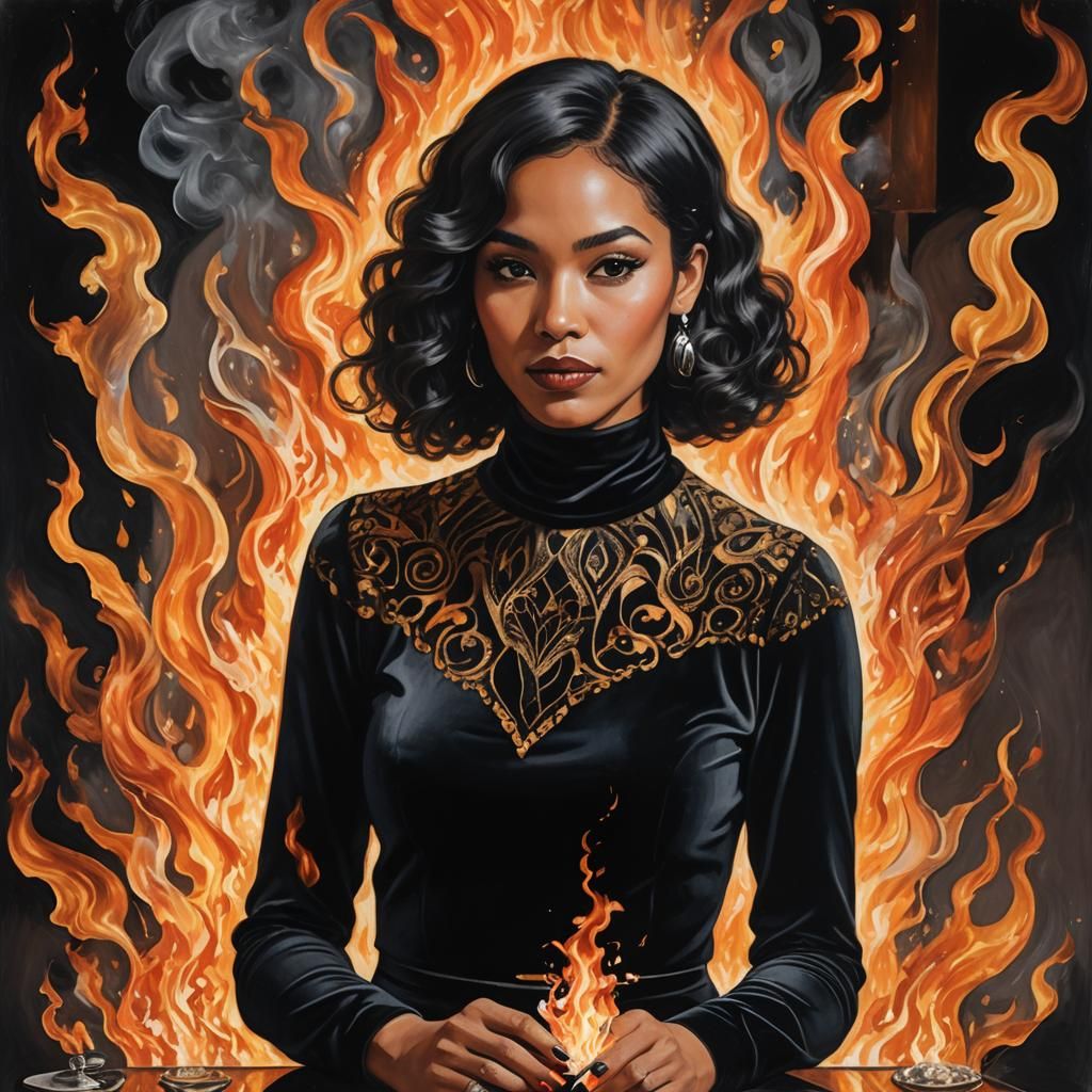 Fiery Art Deco Portrait of Young Woman