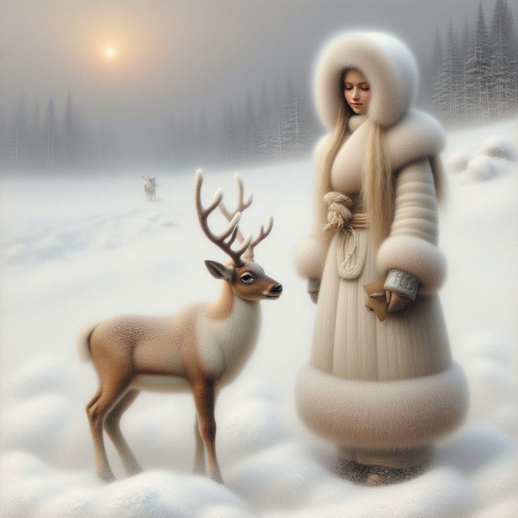 Eskimo Girl and Reindeer Fawn in Snowstorm Drawing