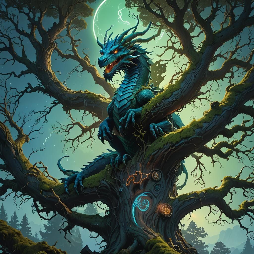 Arcane Dragon on Mystical Tree, Digital Matte Painting