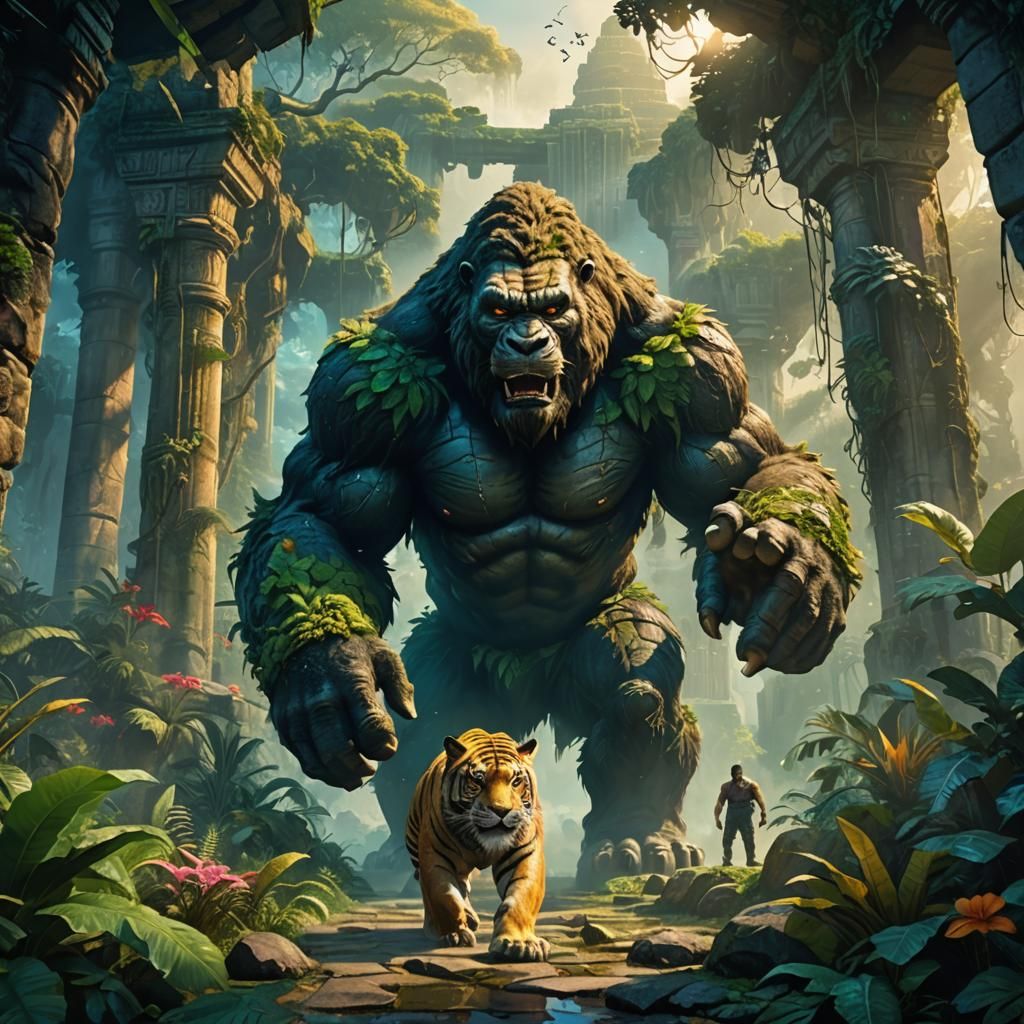 Giant King Kong and Tiger in Jungle Ruins