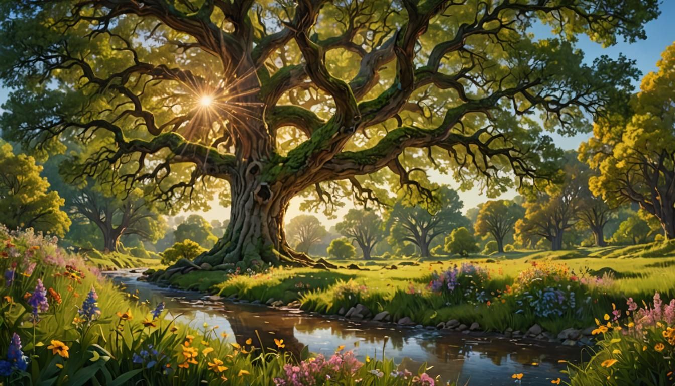Vibrant Fantasy Landscape with Majestic Oak Tree