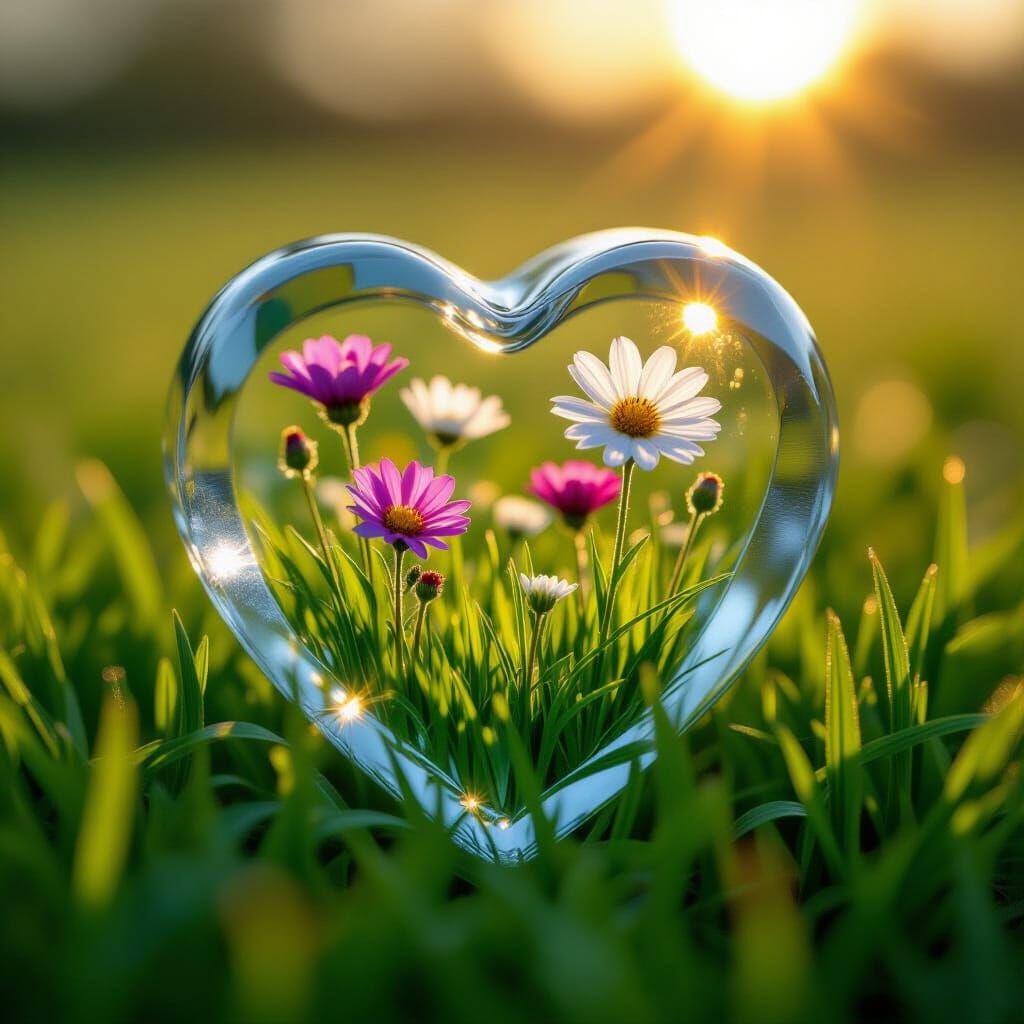 Heart-Shaped Ice Cube Encasing Flowers and Grass