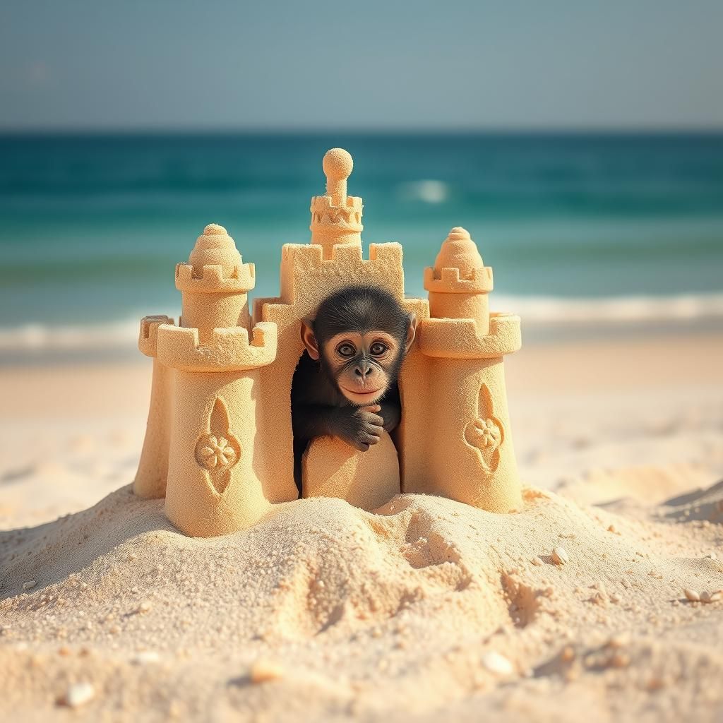 Golden Sand Castle with Chimpanzee, Beach Photography