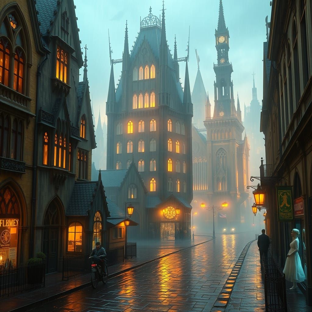 Mystical Cityscape on a Drizzly Day