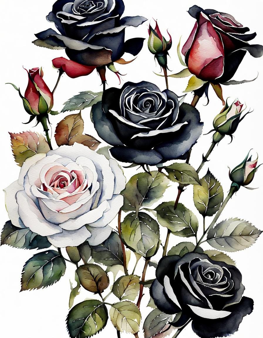 Botanical Roses in Black and White Watercolor
