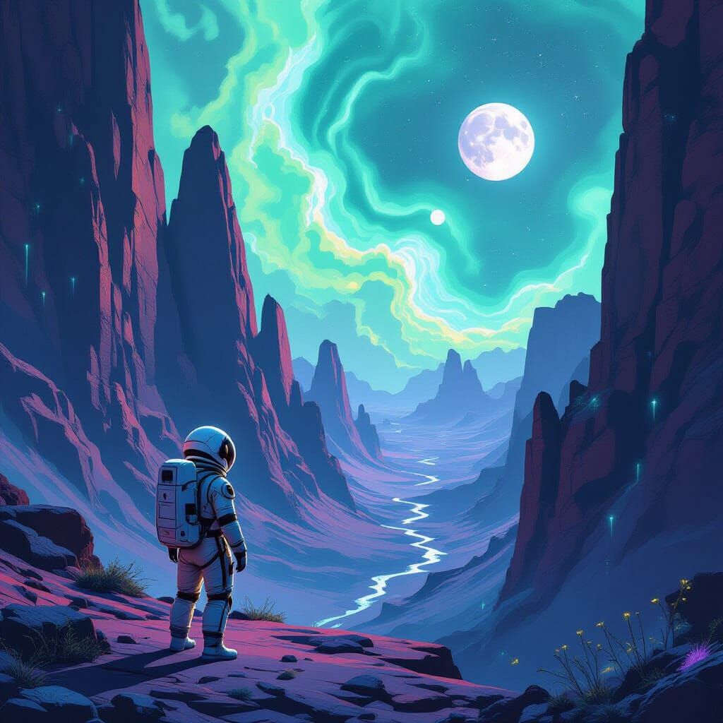 Astronaut on Alien Planet in Crystalline Canyon