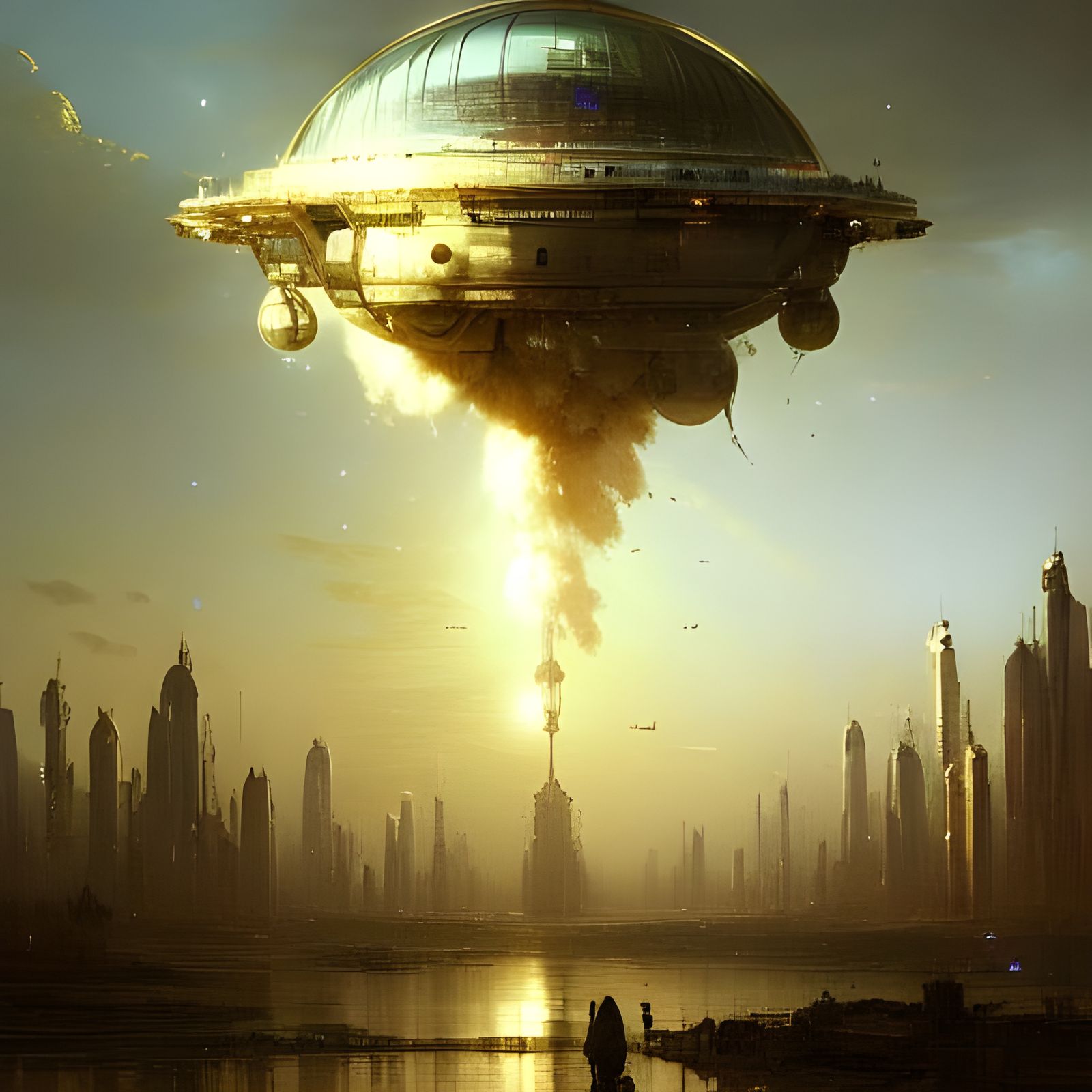 Gigantic Spaceship Over Extraterrestrial Cityscape