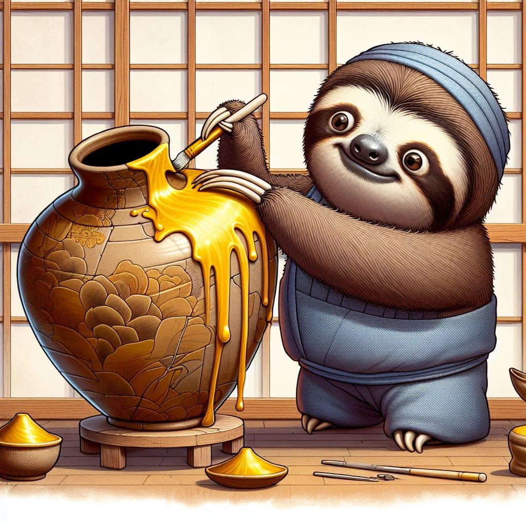 Funny Sloth and Kintsugi Art Repair