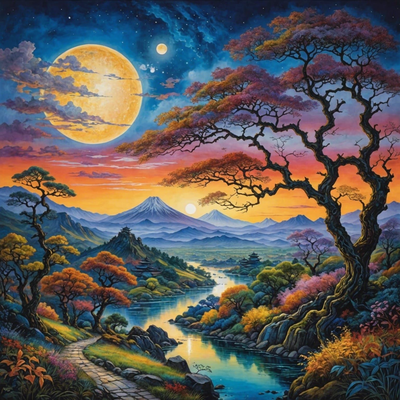 Japanese Twilight Landscape in Contrasting Colors