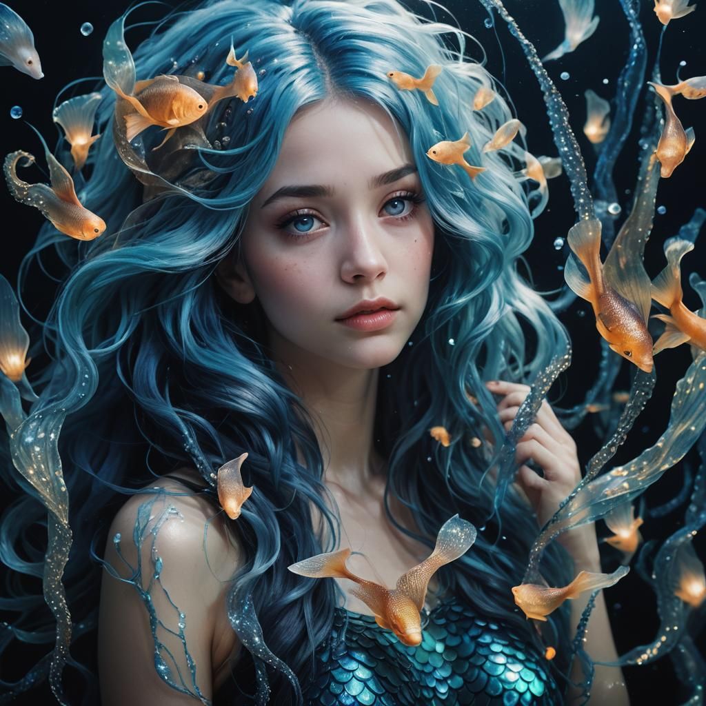 Blue-Haired Mermaid in Bioluminescent Deep Sea
