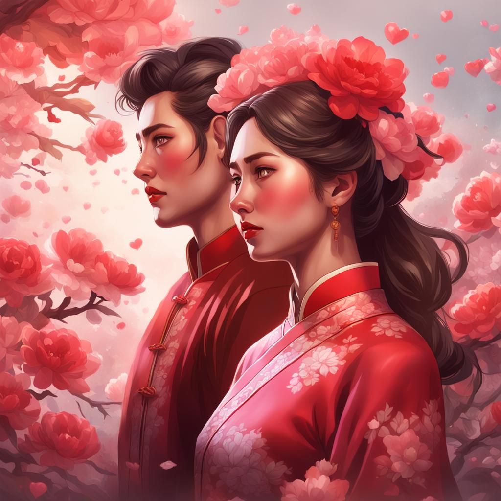 Woman in Qipao with Floral Adoration, Art Nouveau