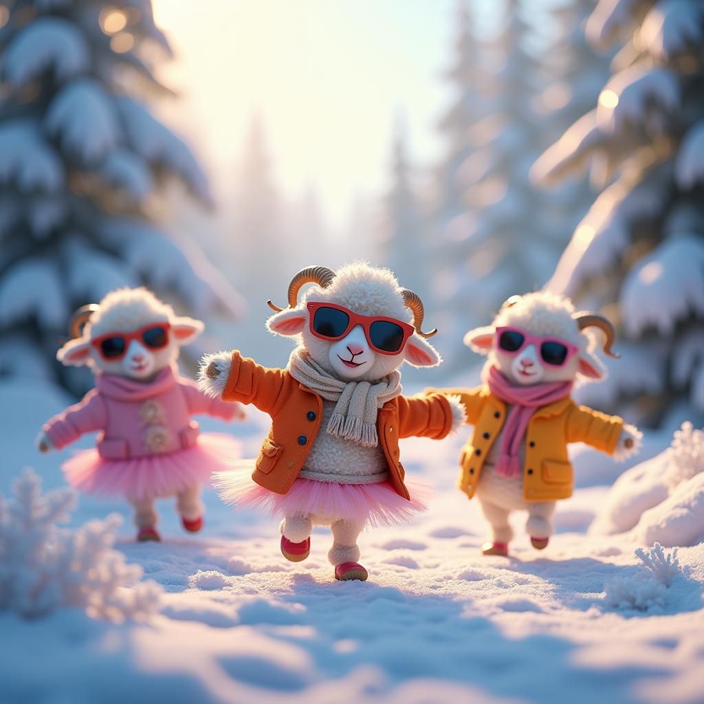 Dancing Sheep in Snowy Forest, Digital Art