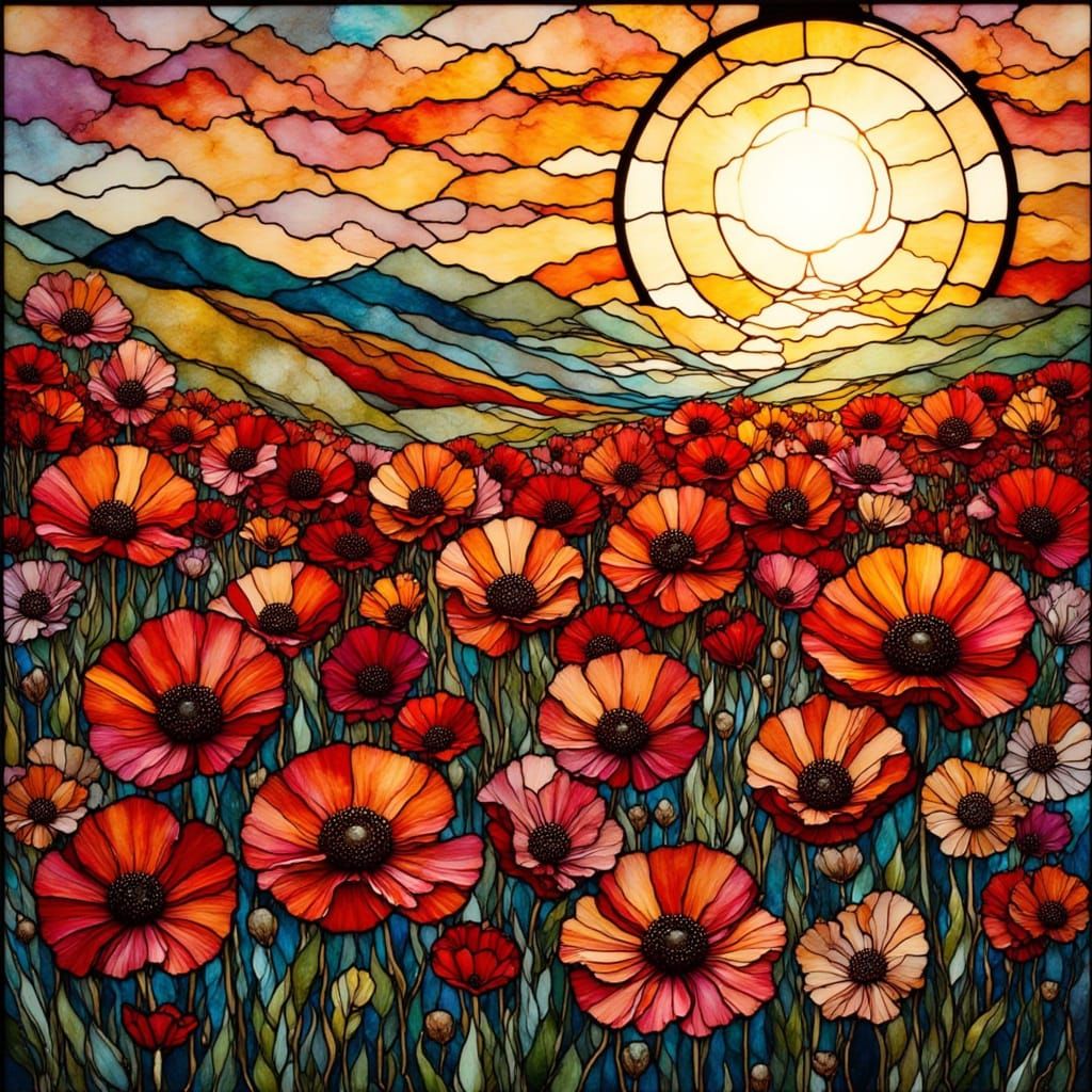 Stained Glass Poppy Field in Art Nouveau Style