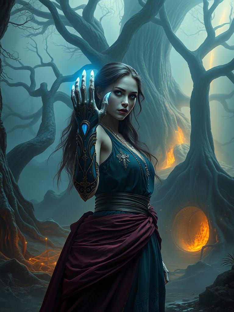 Heroic Woman Stands Tall in Mystical Landscape