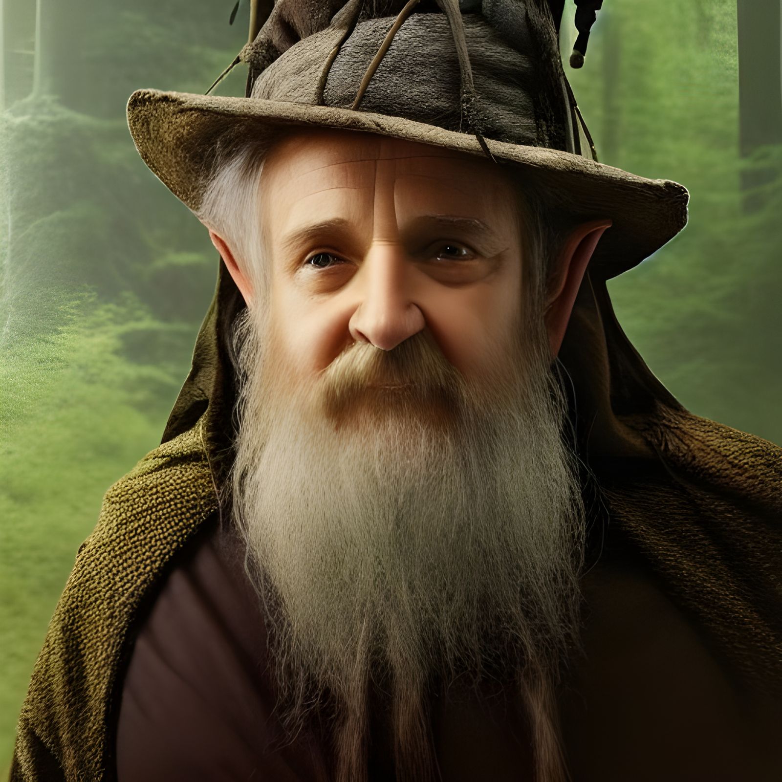 LOTR, photorealistic portrait of Wizard Radagast The Brown, dressed in wizard's clothes in the colours of the forest, pr...