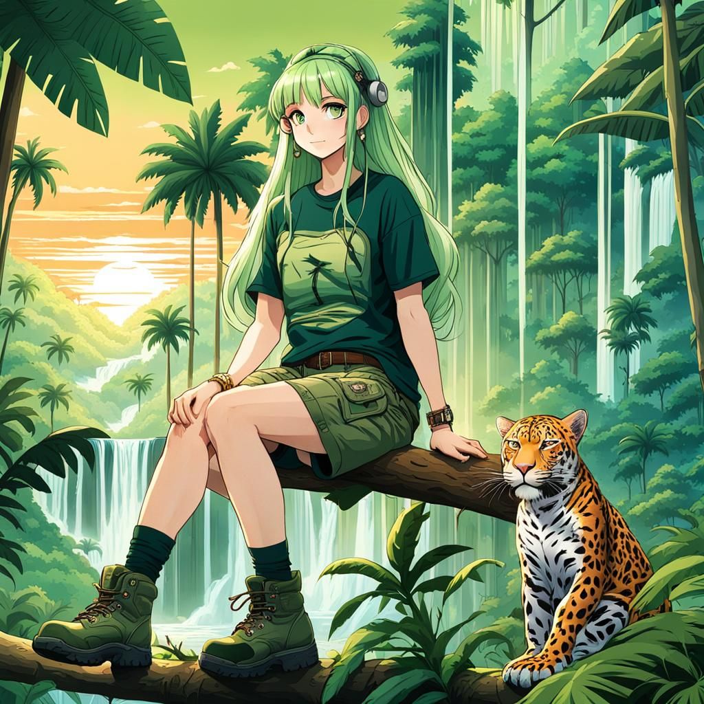Anime Girl in Amazon Rainforest Sunset