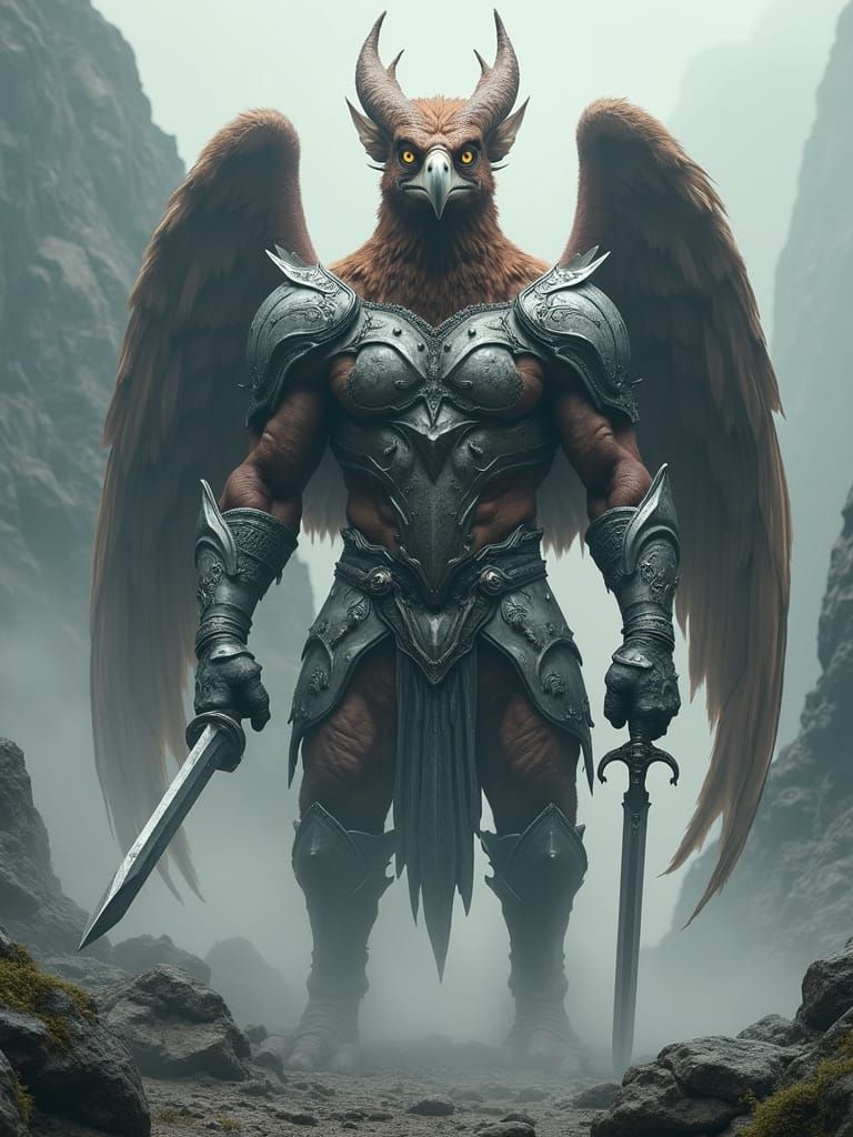 Mystical Griffin Warrior in Dark Rocky Landscape