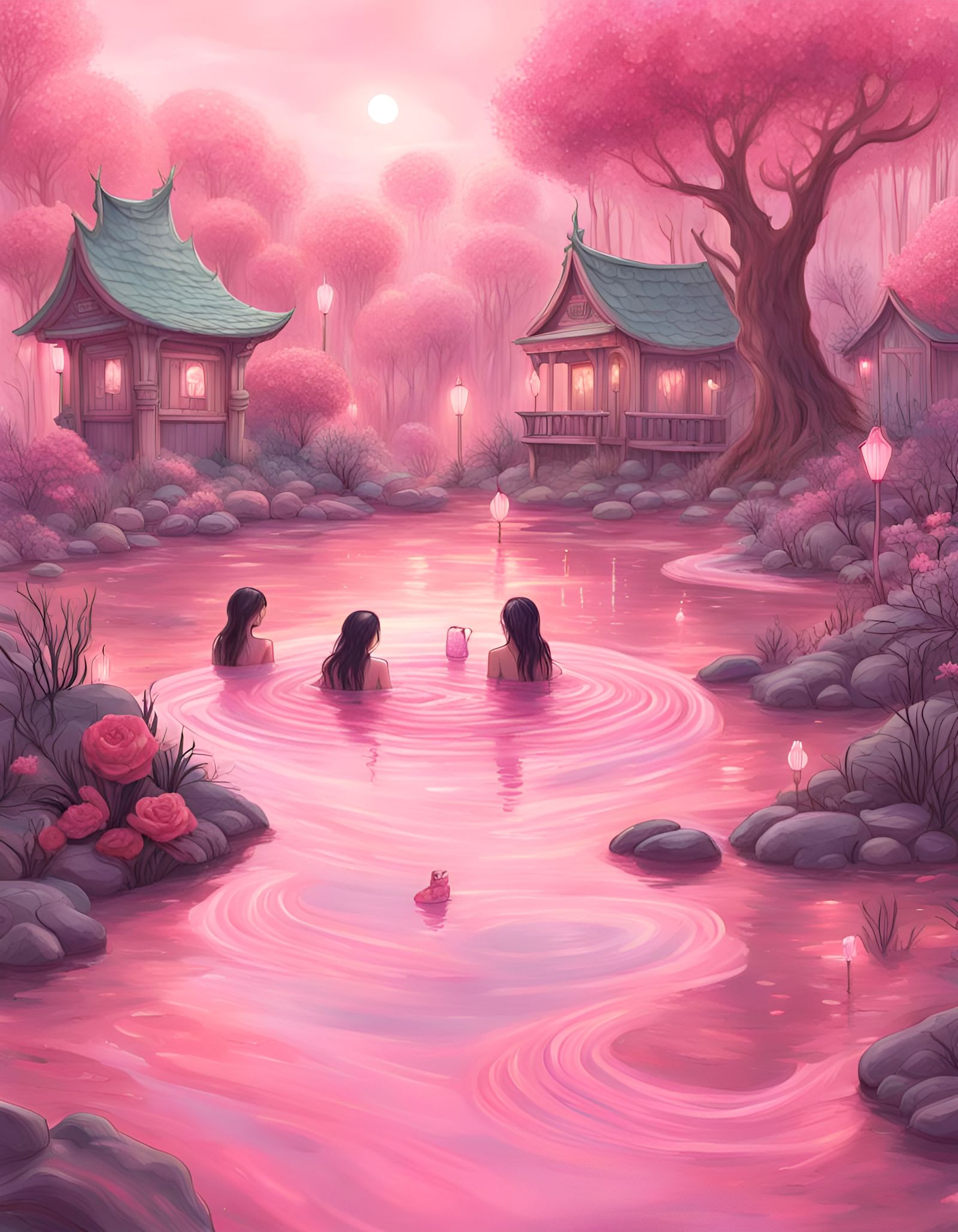 Sirens in Pink Boba Tea Pond: Dreamscape Illustration