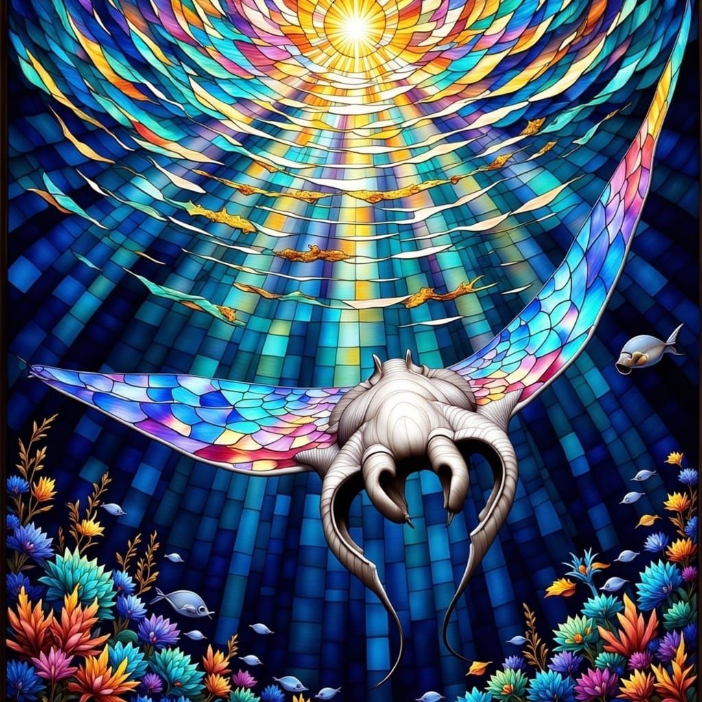 Giant Manta Ray in Vibrant Stained Glass