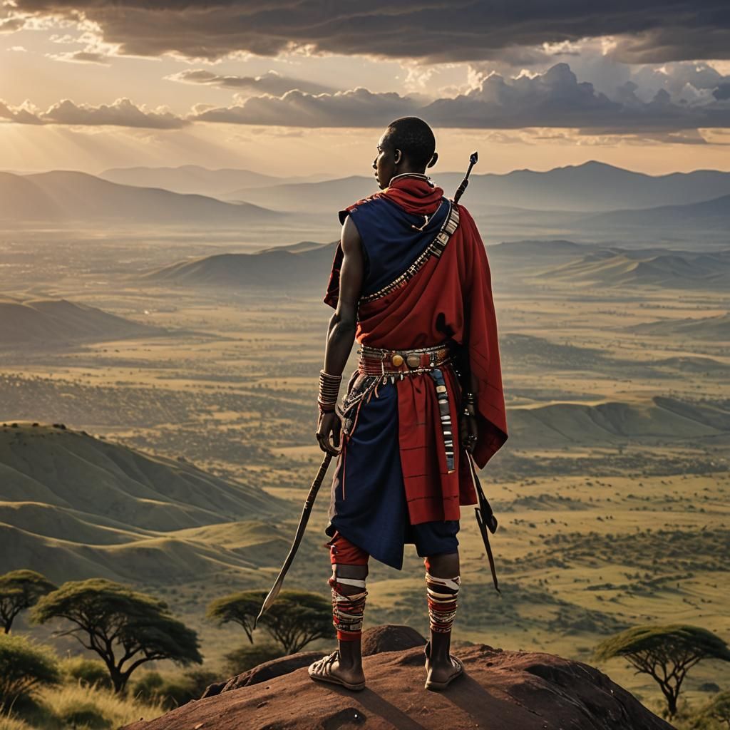 Masai Warrior Overlooks Valley at Sunset
