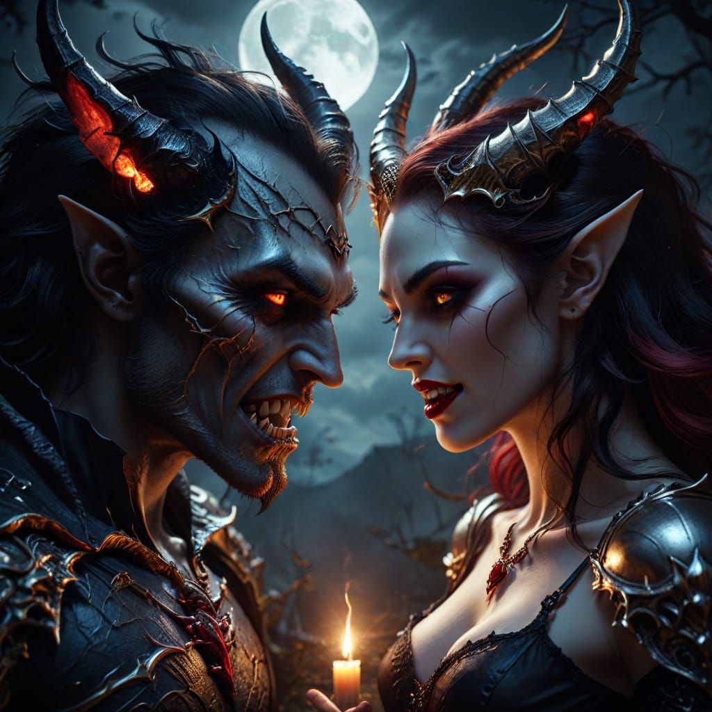Gothic Vampire and Demon Embrace in Moonlight
